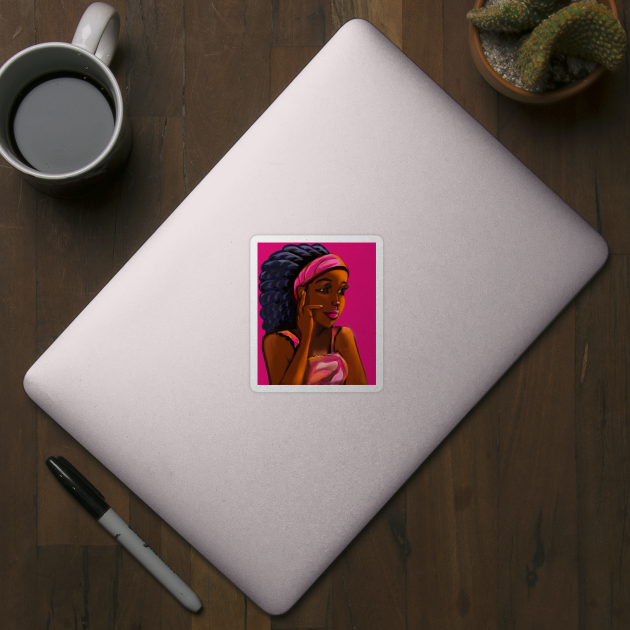 Afro queen in pink headband - Mahagony brown skin girl with thick glorious afro dreadlocks in her hair by Artonmytee